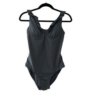 Spanx Love Your Assets Ruffle Strap Underwire One Piece Swimsuit Gray Size L EUC